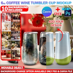 Puede incluir: Maqueta de un vaso de acero inoxidable de 170 ml con diferentes fondos. El vaso es plateado con un acabado liso. Los fondos incluyen una flor de amapola roja, una mujer con el pelo largo y un campo verde. El texto "Creative Mockupart" es visible en el vaso. El texto "6oz COFFEE WINE TUMBLER CUP MOCKUP" está en la parte superior de la imagen. El texto "10 BACKGROUND INCLUDED" está en la esquina superior izquierda de la imagen. El texto "Canva + FREE PS" está en la esquina superior derecha de la imagen. El texto "ADD YOUR DESIGN" está en la esquina superior derecha de la imagen. El texto "MOVABLE OBJECT" está en la parte inferior de la imagen. El texto "BACKGROUND CHANGE OPTION AVAILABLE ONLY PSD & CANVA FILE" está en la parte inferior de la imagen.