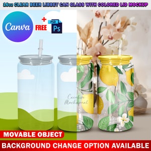 Op de afbeelding: Twee 473 ml glazen bierblikjes met deksels. Eén blikje heeft een blauwe lucht en groene heuvels als achtergrond. Het andere blikje heeft een citroenmotief met gele citroenen en groene bladeren.