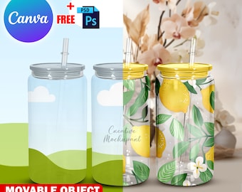 Canva 16oz Clear Beer Libbey Glass Can With Colored Lid Mockup, Libbey Glass Full Wrap Mockup Insert Design & Background Via Canva Frame PSD