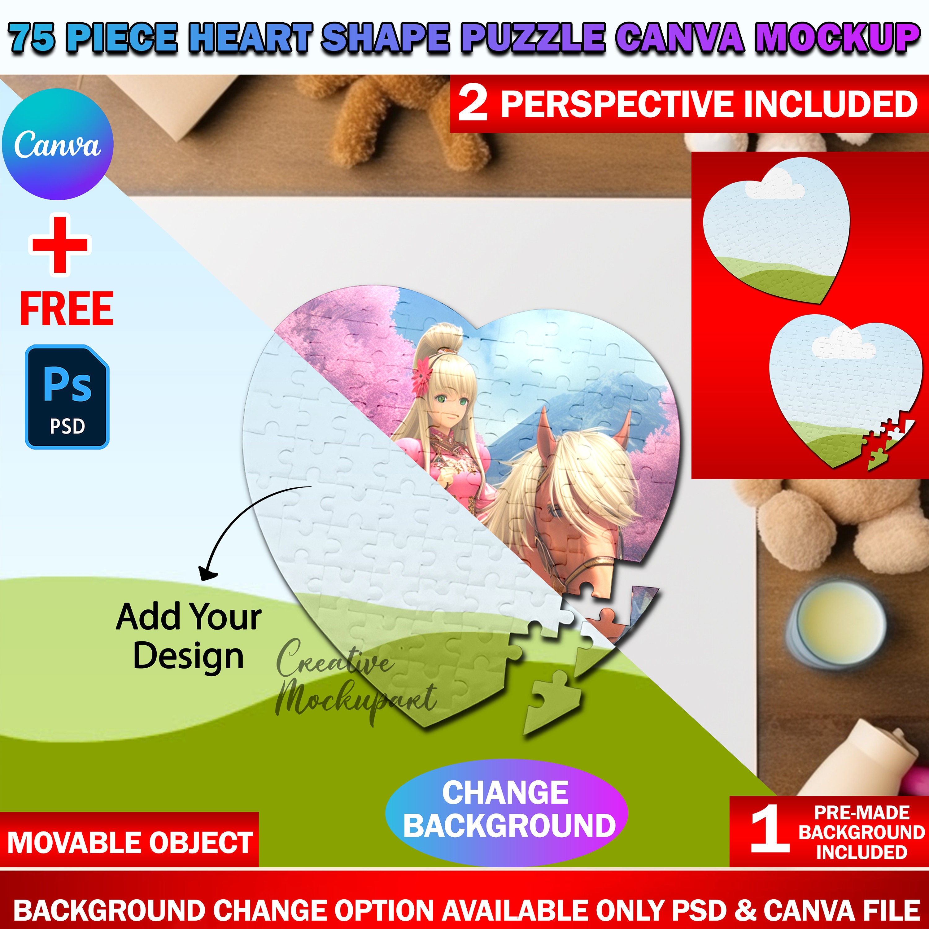 Canva 75 Piece Heart Shape Puzzle Mockup, Jigsaw Puzzle Template for