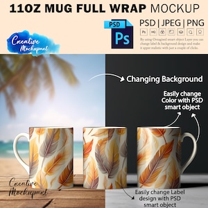 11oz Mug Full Wrap PSD Mockup | AOP Mug Full Wrap Mockup | 3 Balanced Mug Wrap Mockup | White Coffee Mug Mockup | Insert Design Via PSD, Png