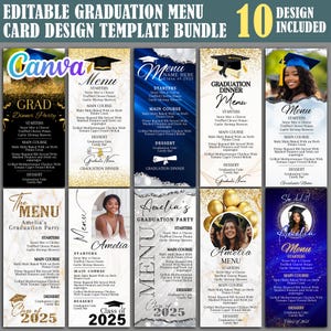 May include: A bundle of ten editable graduation menu card design templates. The designs feature various layouts with menu sections for starters, main courses, and desserts. Each design includes the text "Graduation Dinner" or "Graduation Party".