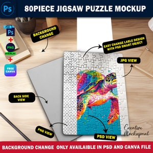 Dye Sublimation 80 Piece Puzzle Mockup, Jigsaw Puzzle Template, Insert Your Own Design & Background Via Smart Canva Frame And Photoshop PSD