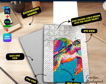 Dye Sublimation 80 Piece Puzzle Mockup, Jigsaw Puzzle Template, Insert Your Own Design & Background Via Smart Canva Frame And Photoshop PSD