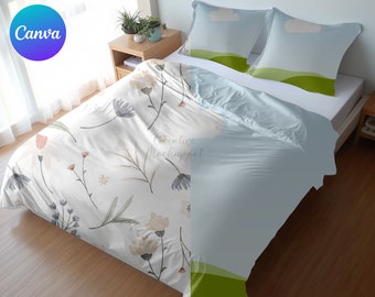 Manta de marco Canva con maqueta de almohada / Maqueta de funda nórdica / Maqueta de almohada / Maqueta de ropa de cama / Maqueta de manta / Maquetas de Canva