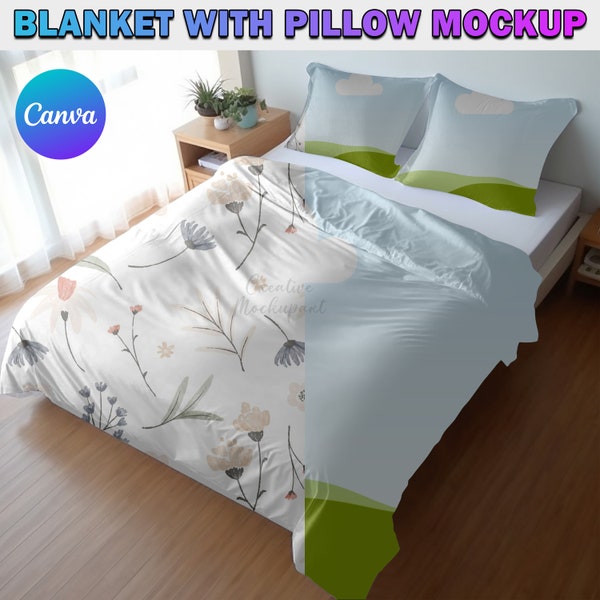 Canva Frame Blanket With Pillow Mockup | Duvet Cover Mockup | Pillow Mockup | Bedding Mockup | Blanket Mockup | Canva Mockups