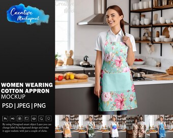 Women Wearing Cotton Apron Mockup |  Kitchen Apron Mockup | Barista Chef Apron Mockup | Add Design Via Photoshop PSD, Canva PNG & JPG