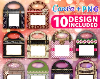 May include: Ten printable gift bag templates with different designs. Each template features a different pattern and color scheme, including black, gold, pink, green, and brown. The templates are designed for use with Canva and include a blank space for adding text or images.