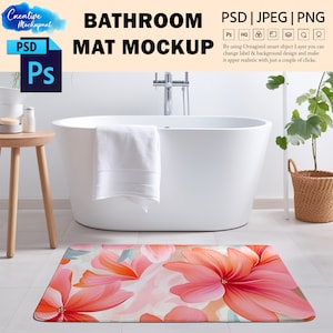 May include: A white bathroom with a white bathtub, a white towel, a wooden side table, a wicker basket with a green plant, and a pink floral bath mat. The text "BATHROOM MAT MOCKUP" is at the top of the image.