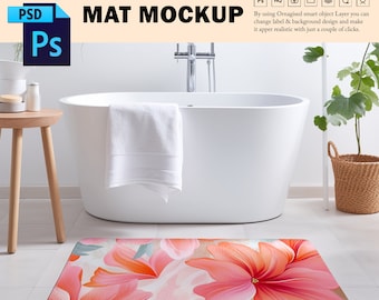 May include: A white bathroom with a white bathtub, a white towel, a wooden side table, a wicker basket with a green plant, and a pink floral bath mat. The text "BATHROOM MAT MOCKUP" is at the top of the image.