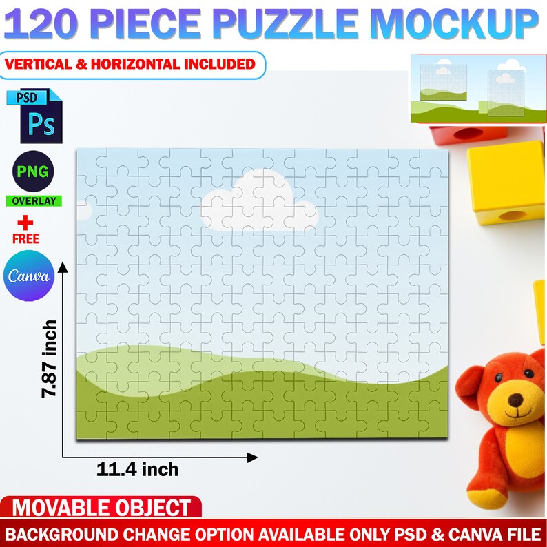 May include: A 120-piece puzzle mockup with a blue sky, white cloud, and green hills. The puzzle is 11.4 inches wide and 7.87 inches tall. The image includes the text "120 PIECE PUZZLE MOCKUP", "VERTICAL & HORIZONTAL INCLUDED", "PSD", "Ps", "PNG", "OVERLAY", "FREE", and "Canva".
