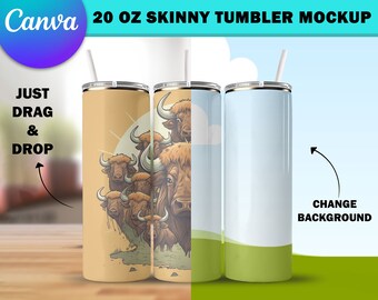 Canva 20oz Skinny Tumbler With Straw Mockup | Canva 3 Tumbler balanced Template | Add Your Own Background Mockup | 20oz Mockup |