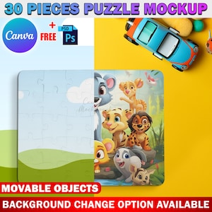 Canva 30 Piece Puzzle With Round End Mockup, Jigsaw Puzzle Template For Sublimation, Insert Design & Background Via Smart Canva Frame, PSD