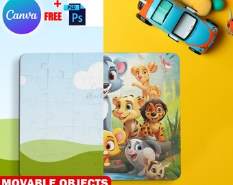 Canva 30 Piece Puzzle With Round End Mockup, Jigsaw Puzzle Template For Sublimation, Insert Design & Background Via Smart Canva Frame, PSD