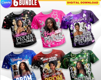 May include: A set of six customizable prom t-shirt designs featuring a 3D effect. Each design includes a photo placeholder, a prom theme, and the year 2025. The designs are in various colors, including black, pink, purple, blue, red, and green.