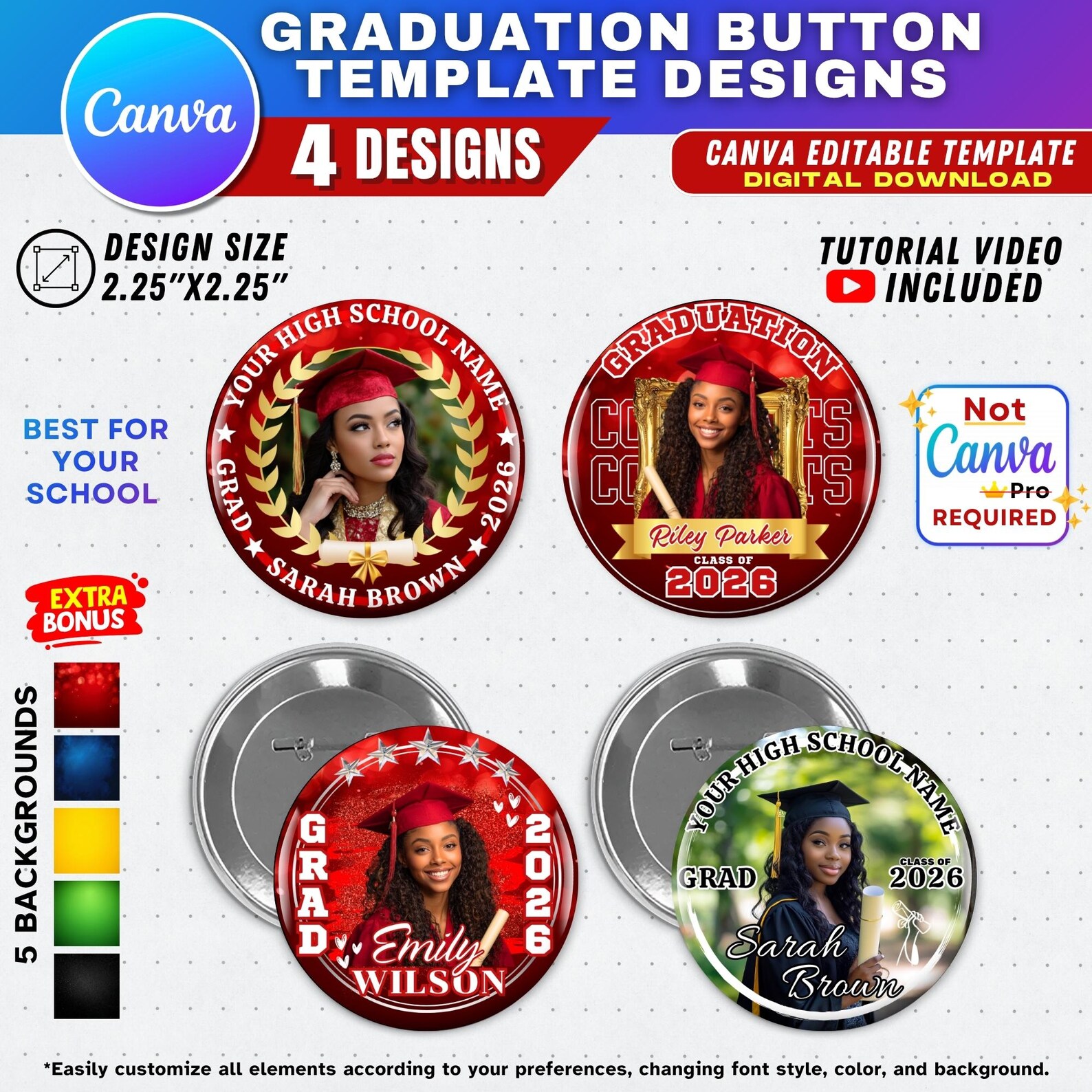 4+ Graduation Button Templates for Canva, Editable Class of 2026 Senior ...