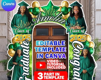 Graduation Entrance Arch Design Canva Template, Green & Gold Graduation Arch, Editable Grad Arch Entryway, Grad Archway For Party Decoration