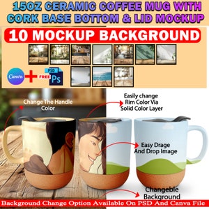 May include: A 15 oz ceramic coffee mug with a cork base and lid. The mug has a colorful illustration on the front and a blue sky with green hills on the back. The mug is shown against 10 different background options.