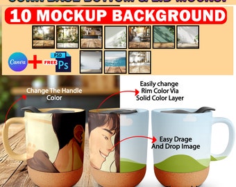 Canva 15oz Ceramic Coffee Mug with Cork Base Bottom And Lid Mockup, Insert Your Design And Background Via Smart Canva Frame, PSD