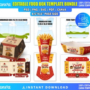 May include: An editable food box template bundle for Canva featuring designs for hamburger boxes, french fry boxes, and food trays. The templates include text such as Burger Bliss, Golden Crisp, and Crispy Bites with 8.5 inch by 11 inch page sizes.