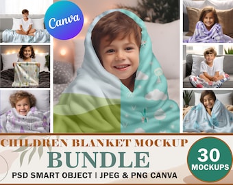 May include: A mockup bundle of 30 children's blanket designs. The mockups feature children of various ages and ethnicities holding and using the blankets. The blankets feature a variety of colors and patterns, including floral, geometric, and abstract designs. The text "CHILDREN BLANKET MOCKUP BUNDLE" is displayed at the bottom of the image. The text "PSD SMART OBJECT | JPEG & PNG CANVA" is displayed below the bundle text. The text "30 MOCKUPS" is displayed in a green circle at the bottom right of the image.