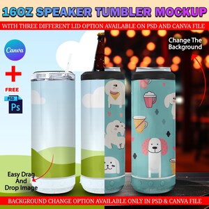 Puede incluir: Maqueta de un vaso de altavoz de 16 oz con un dise&ntilde;o azul y verde con perros y tazas de dibujos animados. El vaso tiene una tapa negra y un altavoz en la parte inferior. El fondo est&aacute; desenfocado y muestra un ambiente de bar. El texto "Change The Background" es visible en la esquina superior derecha.