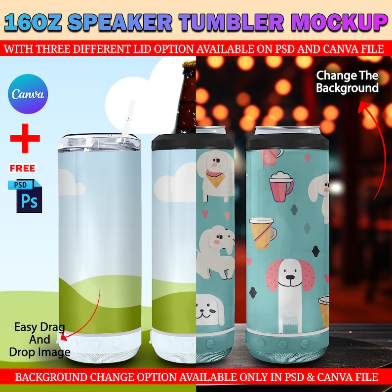 Puede incluir: Maqueta de un vaso de altavoz de 16 oz con un dise&ntilde;o azul y verde con perros y tazas de dibujos animados. El vaso tiene una tapa negra y un altavoz en la parte inferior. El fondo est&aacute; desenfocado y muestra un ambiente de bar. El texto "Change The Background" es visible en la esquina superior derecha.