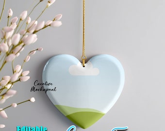 Canva Frame Heart Shape Christmas Ornament Mockup | White Ceramic Ornament Mockup| Married Ornament, Wedding Date ornament, Wedding Gift PSD