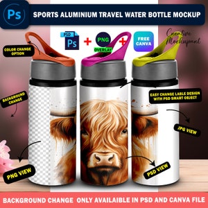 Dye Sublimation Sports Bottle Mockup, Aluminum Travel Water Bottle Mockup, Insert Design & Background Via Photoshop PSD, PNG And Canva Frame
