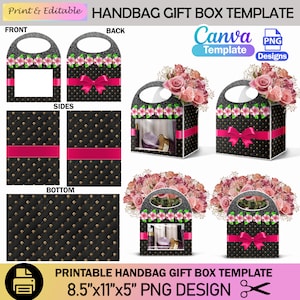 May include: Printable handbag gift box template featuring a black and gold quilted pattern, pink flowers, and a pink bow. The template includes the front, back, sides, and bottom of the box. The dimensions are 8.5 inches by 11 inches by 5 inches.