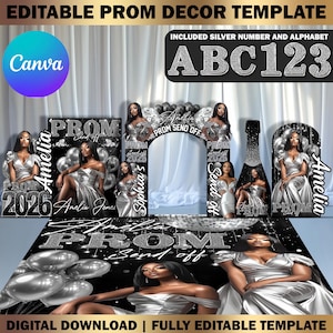 Custom Prom Decor Canva Template Bundle, Name Cutout, Black & Silver Prom Entrance Arch Magazine Backdrop Hat Arch Wall Floor Wrap Decor Set
