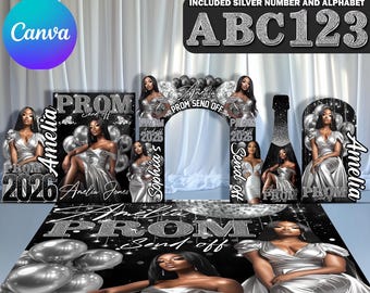 Benutzerdefinierte Abschlussball-Dekor-Canva-Vorlagen-Bundle, Name, Ausschnitt, Schwarz & Silber, Abschlussball- Eingangsbogen-Magazin-Hintergrund-Hut-Wand-Boden-Verpackungs-Dekor-Set