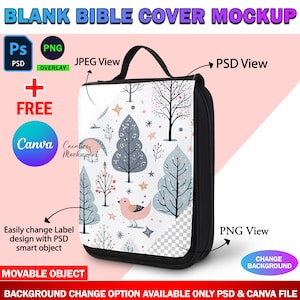 Maqueta de portada de Biblia, libro escolar portátil de mano, bolso de mano, maqueta de estuche para lápices para sublimación, diseño de inserto y fondo a través de Canva y PSD