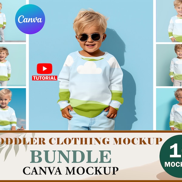 10 Canva Toddler Clothing Mockups Bundle, Includes Toddler Apparel, Kids T-Shirt, and Long Sleeve Mockups -Easy Drag &n Drop Canva Frame