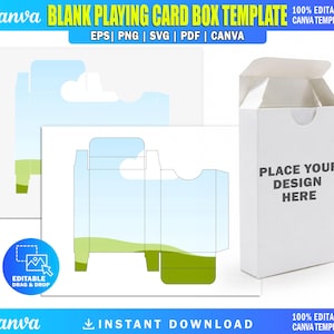 May include: A blank playing card box template featuring a white 3D box with the text PLACE YOUR DESIGN HERE and a flat 2D layout showing blue and green graphic elements. The digital file is compatible with EPS, PNG, SVG, PDF, and Canva formats.