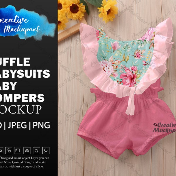 Ruffle Bodysuits Baby Rompers Mockup | Baby Bodysuit Mockup | , Add your own design Via Photoshop Smart PSD Object, Canva PNG & JPG