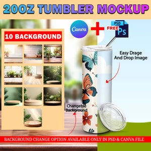 Canva 20oz Straight Skinny Tumbler Mockup, eenvoudig slepen en neerzetten 20oz-sjabloon, ontwerp en achtergrond toevoegen (10 inbegrepen) via Smart Canva Frame PSD