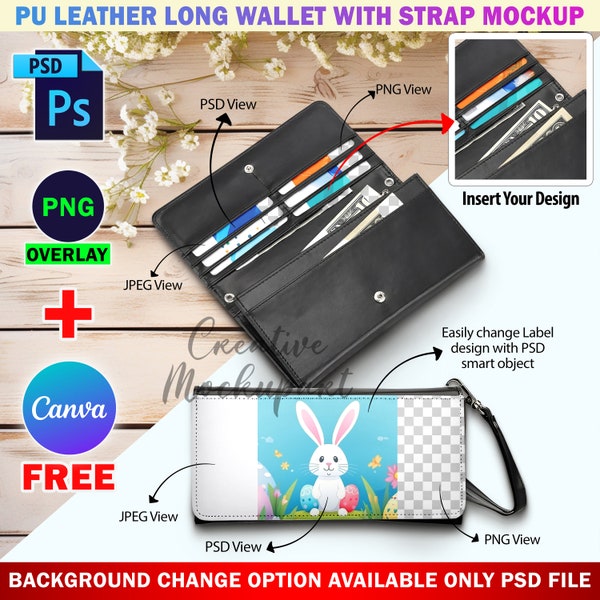 Dye Sublimation PU Leather Long Wallet With Strap Mockup, Insert Your Own Design & Background Via Smart Canva Frame And Photoshop PSD