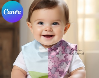 Maquete de babador de bebê Canva, modelo de babador de pescoço de bebê neutro de gênero, modelo Canva de babador fácil de arrastar e soltar, insira seu design na moldura Canva de babador