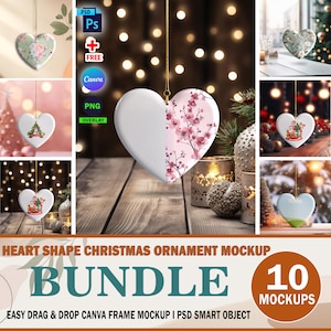May include: A bundle of 10 heart-shaped Christmas ornament mockups. The mockups are in a variety of colors and designs, including white, pink, and green. The mockups are easy to use and can be customized with your own designs.  "EASY DRAG & DROP CANVA FRAME MOCKUP I PSD SMART OBJECT" and "10 MOCKUPS" are written on the image.
