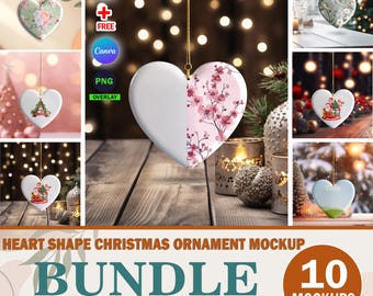 Peut inclure: Un lot de 10 maquettes d'ornements de Noël en forme de cœur. Les maquettes sont de différentes couleurs et designs, notamment blanc, rose et vert. Les maquettes sont faciles à utiliser et peuvent être personnalisées avec vos propres designs.  "EASY DRAG & DROP CANVA FRAME MOCKUP I PSD SMART OBJECT" et "10 MOCKUPS" sont écrits sur l'image.