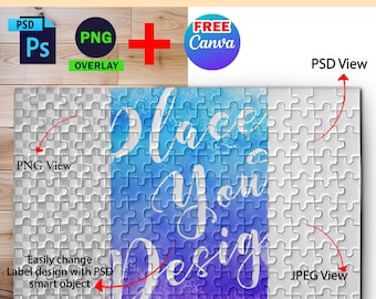Maqueta de rompecabezas de 96 piezas con sublimación de tinte, plantilla de rompecabezas, inserte su propio diseño y fondo a través de Smart Canva Frame y Photoshop PSD