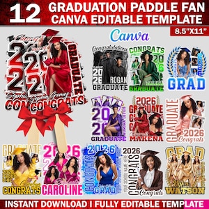 May include: A collection of graduation paddle fan templates with various designs. Each template features a photo of a graduate, the year, and the word "Congrats". The text "Graduation Paddle Fan Canva Editable Template" is at the top.