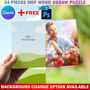Canva 24 Pieces Hand Holding Wood MDF Puzzle Mockup, Jigsaw Puzzle Template, Add Design & Background Via Smart Canva Frame, Photoshop PSD