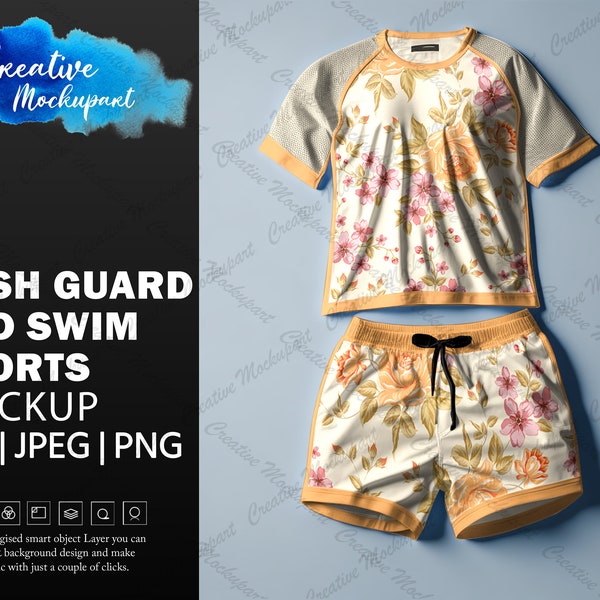 Men's Rash Guard & Swim Shorts Mockup | Summer Outfit Template | Swimwear Pair Display | Sportswear, Sun Protection Clothing Mockup