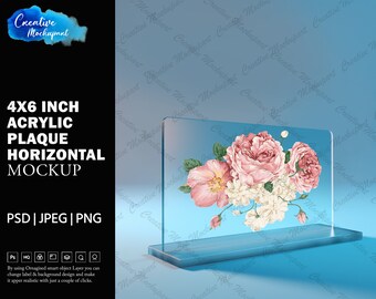 10 x 15 cm horisontell mockup av akrylplakett för färgsublimering eller vinyl | Lägg till din egen design via Photoshop Smart PSD Object, Canva PNG och JPG
