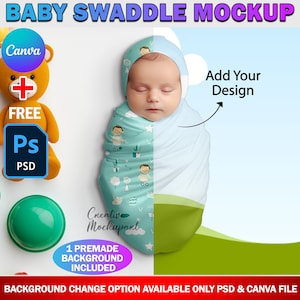 Canva Baby Swaddle Mockup, Musselin Swaddle Decke Mockup | Neugeborenen Wrap Decke Mockup | Hintergrund & Design über PSD, Canva Frame ändern