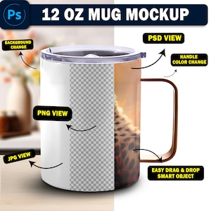 May include: A mockup of a 12 ounce stainless steel travel mug with a handle. The mug has a white background on one side and a cheetah print on the other side. The handle is brown. The text "PSD VIEW", "HANDLE COLOR CHANGE", "PNG VIEW", "JPG VIEW", "EASY DRAG & DROP SMART OBJECT", and "BACKGROUND CHANGE" are visible in the image.