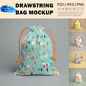 May include: A mockup of a drawstring bag with a colorful pattern of animals, plants, and geometric shapes on a light blue background. The bag is made of fabric and has a drawstring closure. The bag is shown in four different colors: yellow, white, green, and cream.