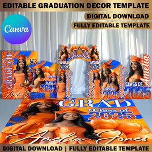 Custom Graduation Decor Canva Template Bundle, Name Cutout, Orange & Blue Grad Entrance Arch, Magazine Backdrop, Hat Arch Wall, Floor Wrap